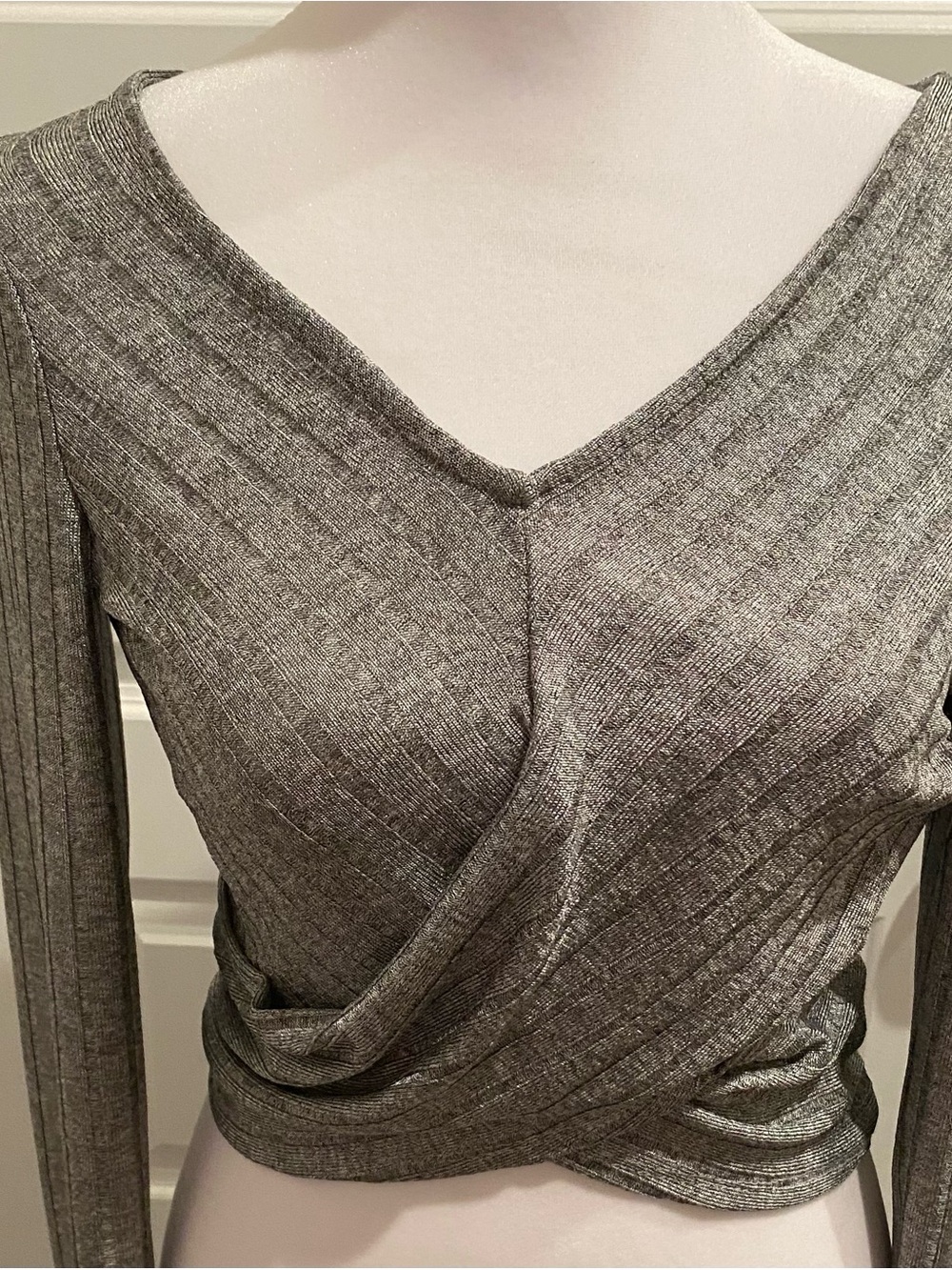 Alia Metallic Silver Ribbed Knit Top